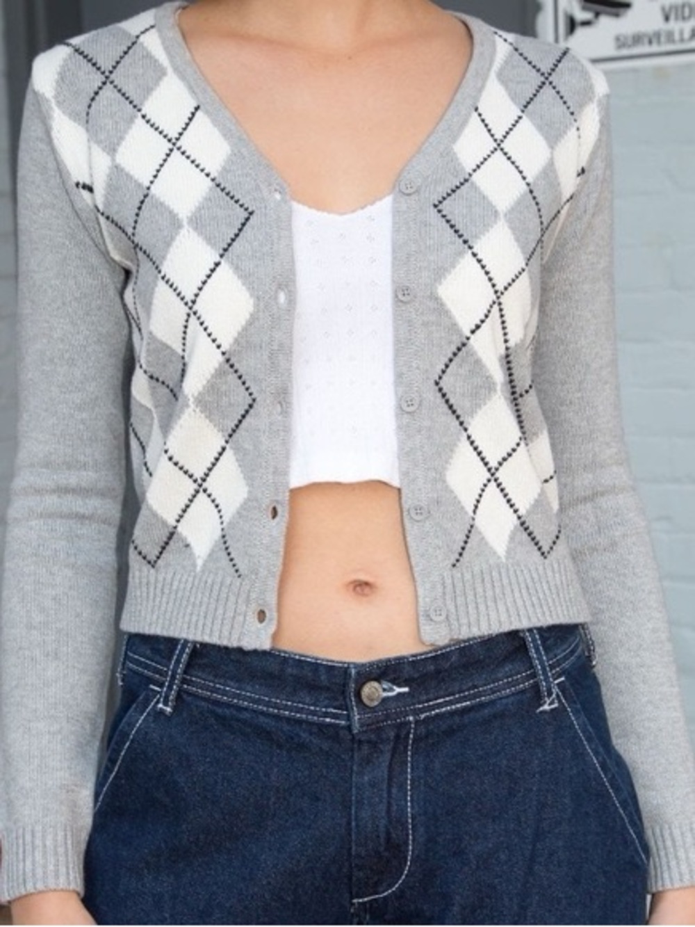 Brandy Melville Light Gray Argyle Button-Front Cardigan